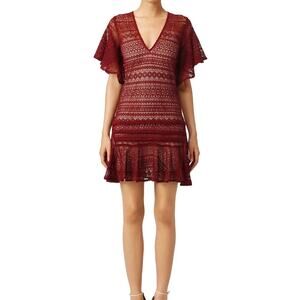 Marissa Webb Maroon Red Cybil Lace V-Neck Ruffled Short Sleeve Cocktail Dress S